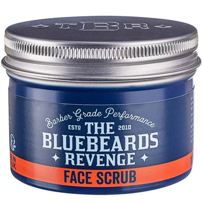 Bluebeards Revenge face scrub jar with blue and red design