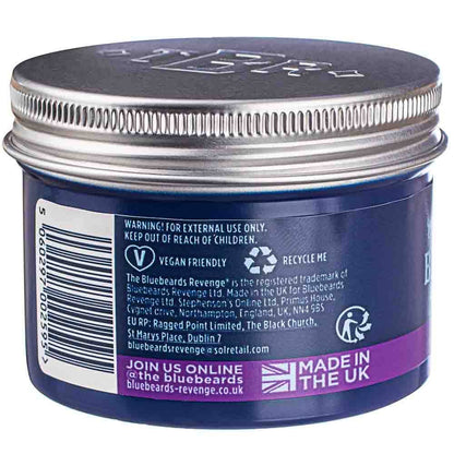 Bluebeards Revenge product jar with purple label and silver lid on a white background