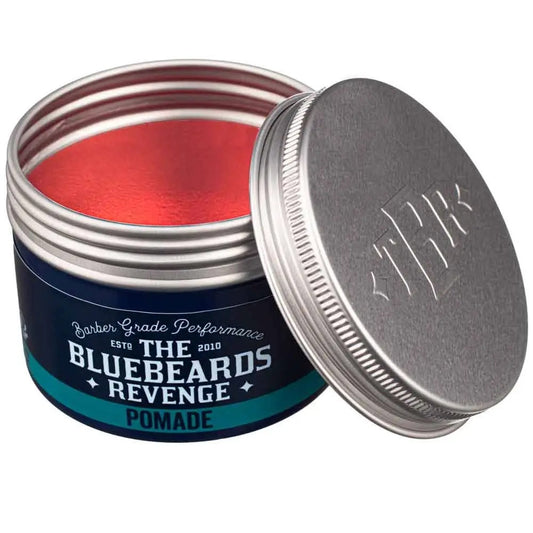 Open jar of Bluebeards Revenge pomade with visible branding on a white background