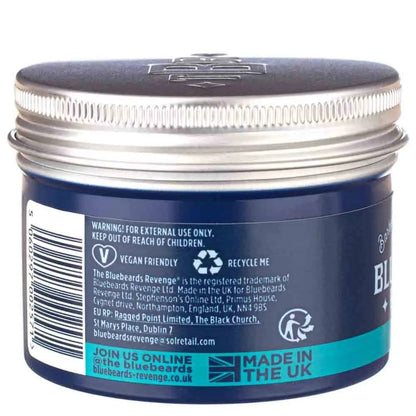 Back of a Bluebeards Revenge jar with branding and product information.