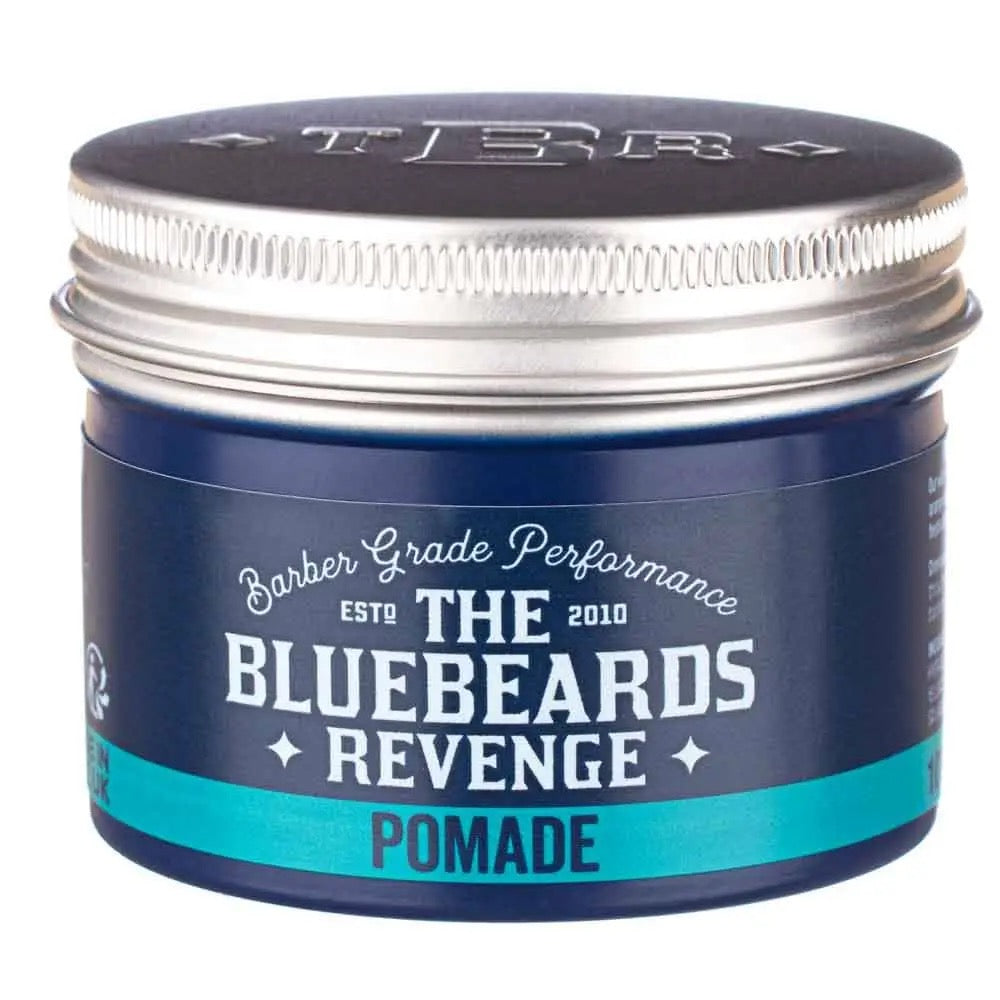 Bluebeards Revenge pomade jar with blue and silver design