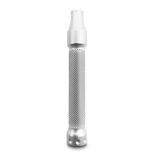 A silver metallic cylindrical device with a textured mesh center, a white top mouthpiece, and a perforated metal base, shown on a plain white background.