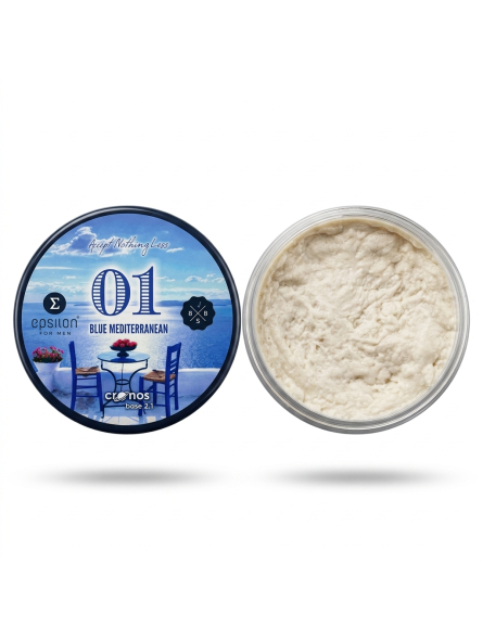 Container of white spreadable food with a blue label on a white background