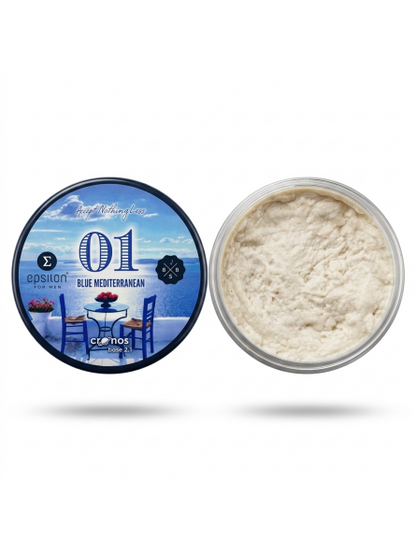 Container of white spreadable food with a blue label on a white background