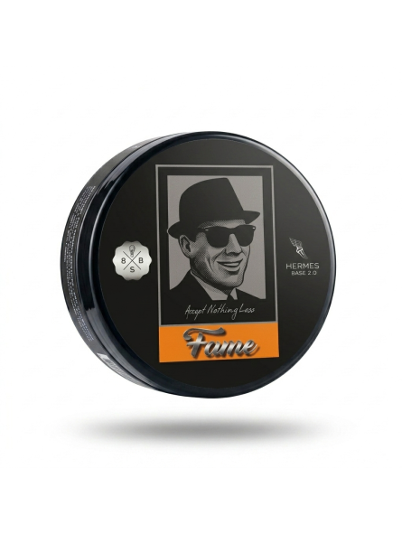 Black container with a portrait of a man wearing sunglasses and a hat, featuring the brand 'Hermes'.