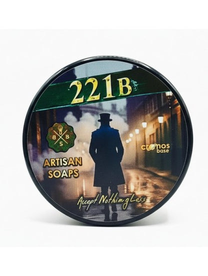 Artisan soaps container with a silhouette of a man and '221B' on a white background