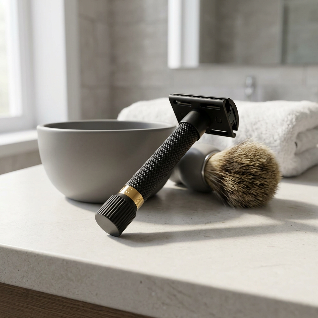 Black and gold razor in a bathroom scene