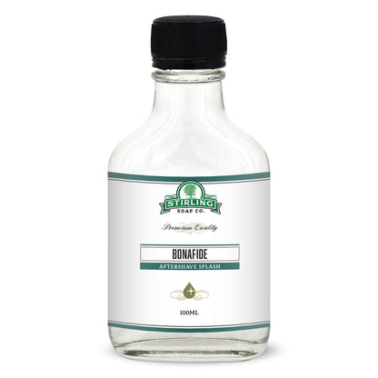 A 100ml clear glass bottle of Euphoric Soap Co. Bonafide Aftershave Splash with a white label and a black cap, shown on a white background.