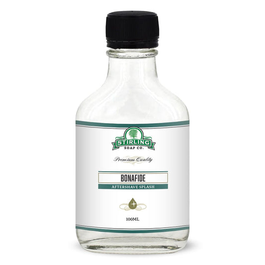 A 100ml clear glass bottle of Euphoric Soap Co. Bonafide Aftershave Splash with a white label and a black cap, shown on a white background.