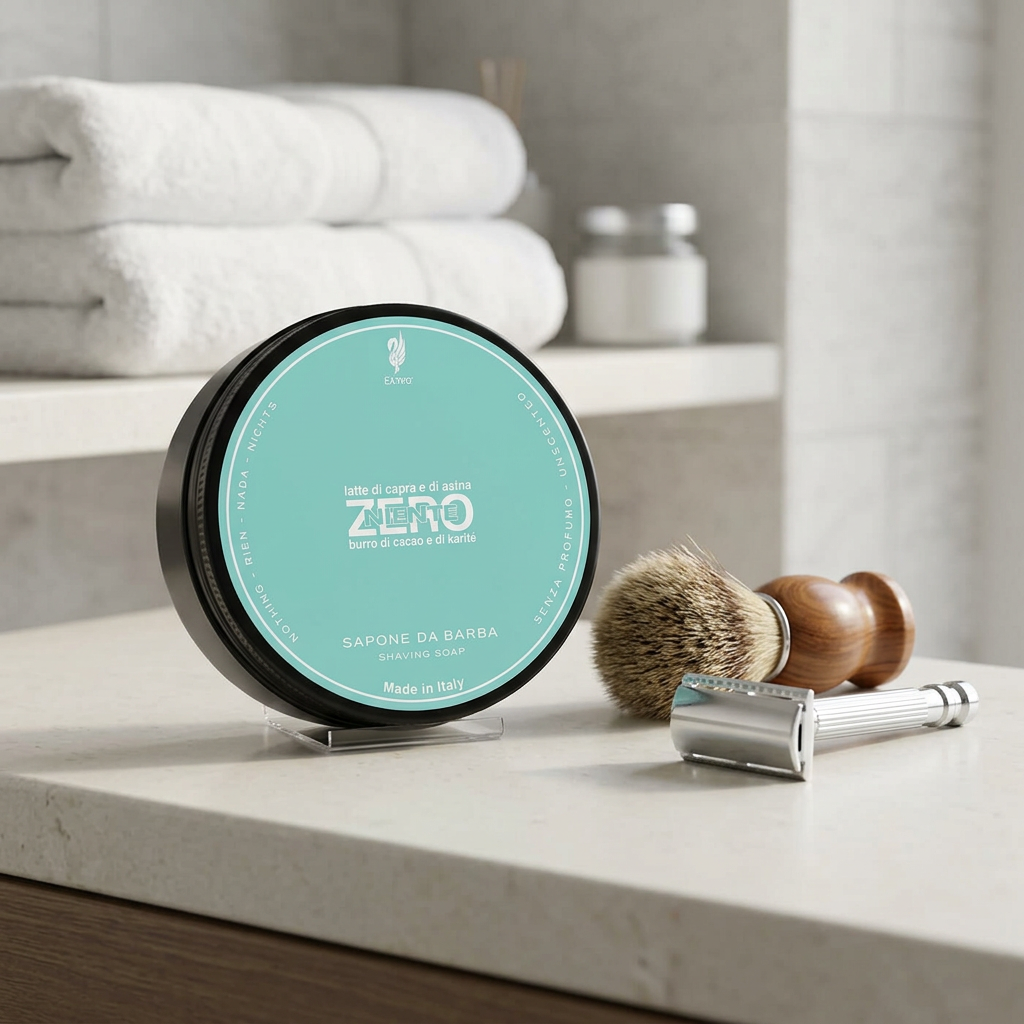 Extro Cosmesi Zero with shaving brush and razor in a bathroom