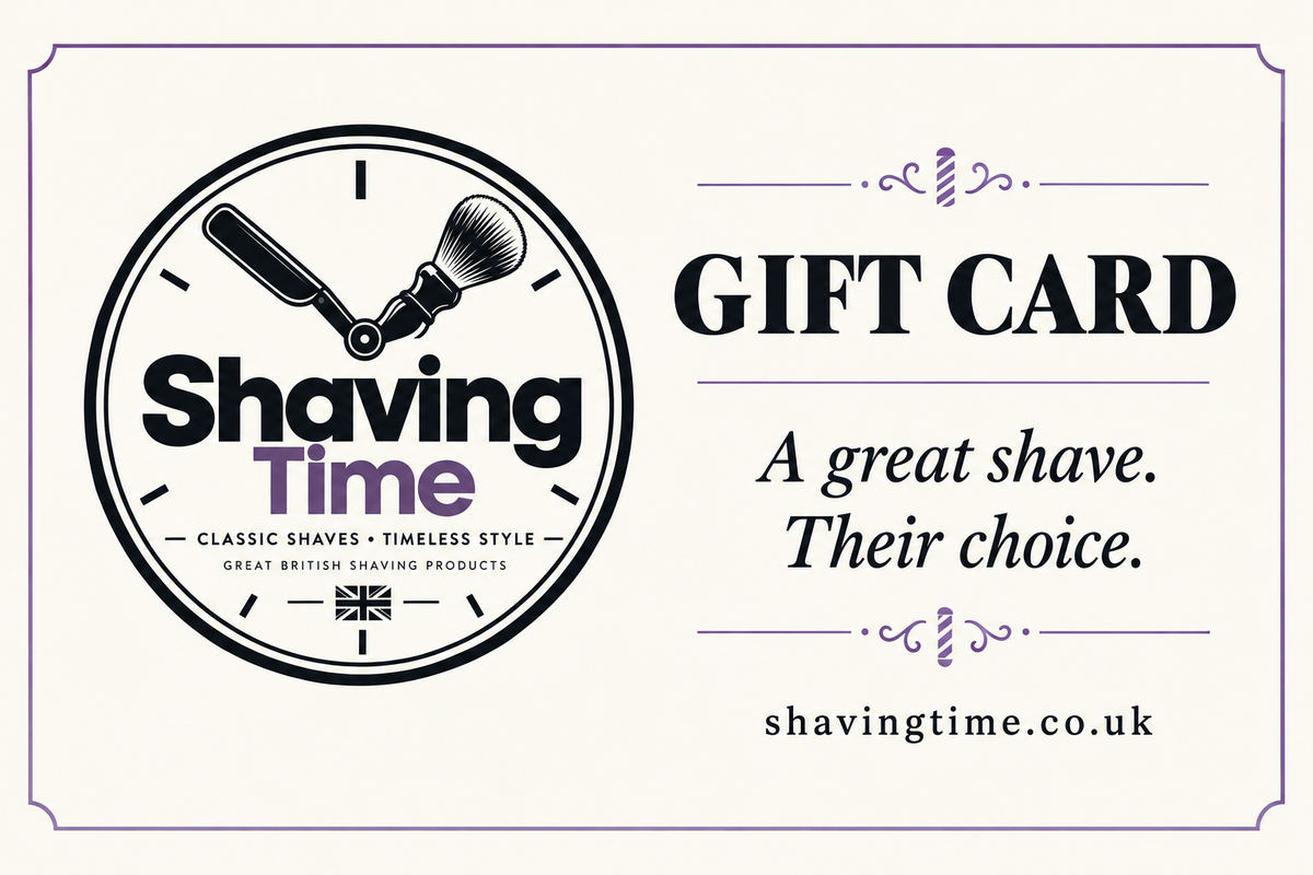 Shaving Time gift card featuring the logo with black and purple accents