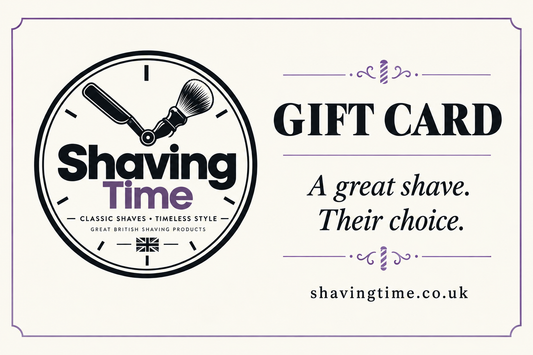 Shaving Time gift card featuring the logo with black and purple accents
