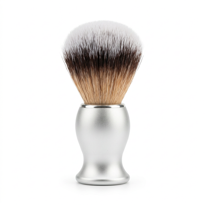 Upright Hill and Drew Silver Crown shaving brush on a white background
