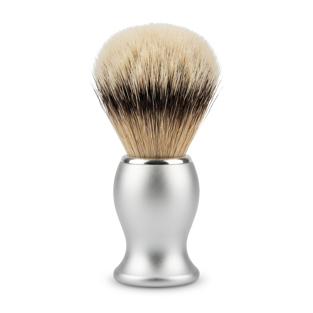 Hill and Drew Silver Crown synthetic shaving brush on a white background