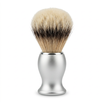 Hill and Drew Silver Crown synthetic shaving brush on a white background