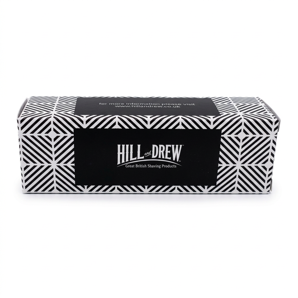 Hill and Drew shaving brush packaging on a white background