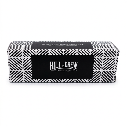 Hill and Drew shaving brush packaging on a white background