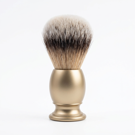Hill and Drew Gold Sovereign shaving brush on a white background