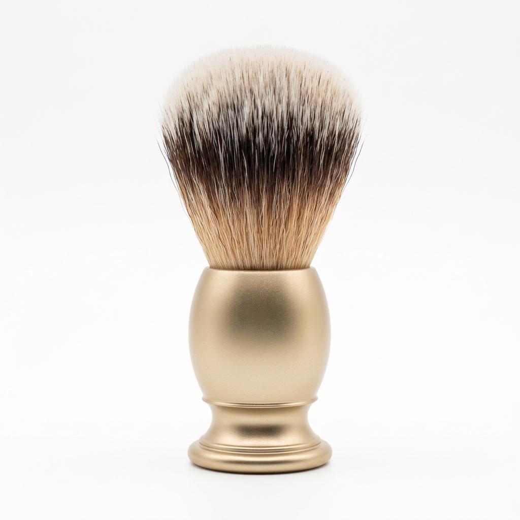 Alternate view of Hill and Drew Gold Sovereign shaving brush on a white background