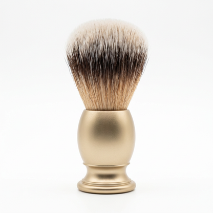 Alternate view of Hill and Drew Gold Sovereign shaving brush on a white background