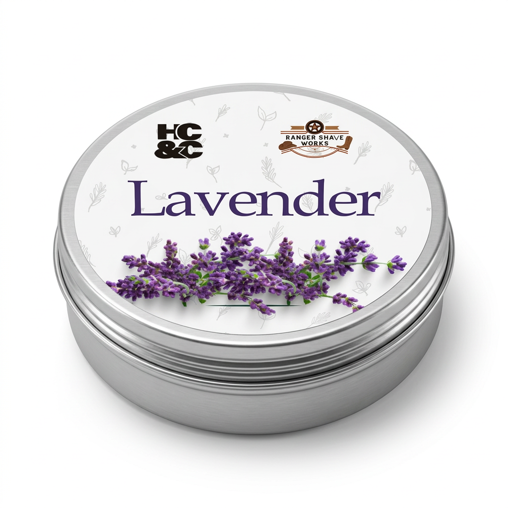 Lavender shaving soap label on a silver tin tub