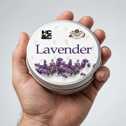 Lavender shaving soap tin held in a man's hand