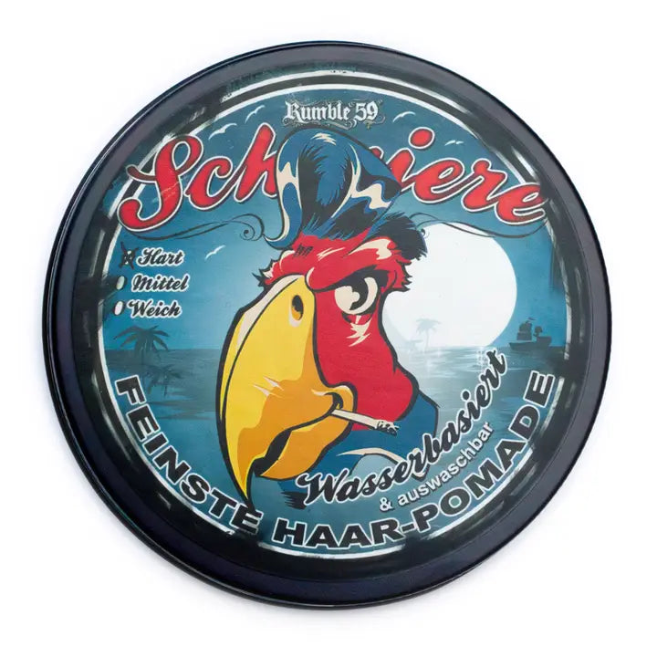 Round container of hair pomade with rooster illustration and German text on a white background