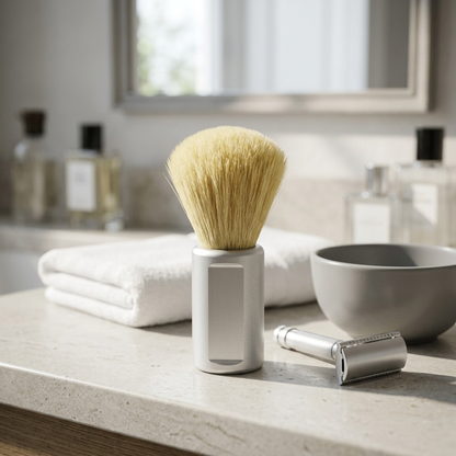 Shaving brush beside a razor and bowl in a bathroom