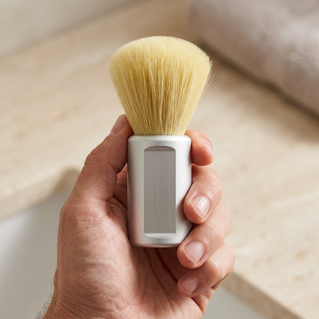 Shaving brush held in a man's hand
