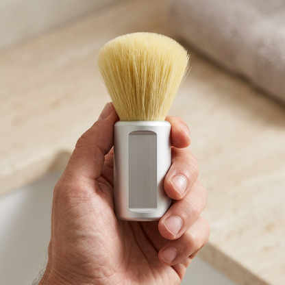 Shaving brush held in a man's hand
